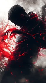 Silhouetted figure dissolving into explosive red energy.