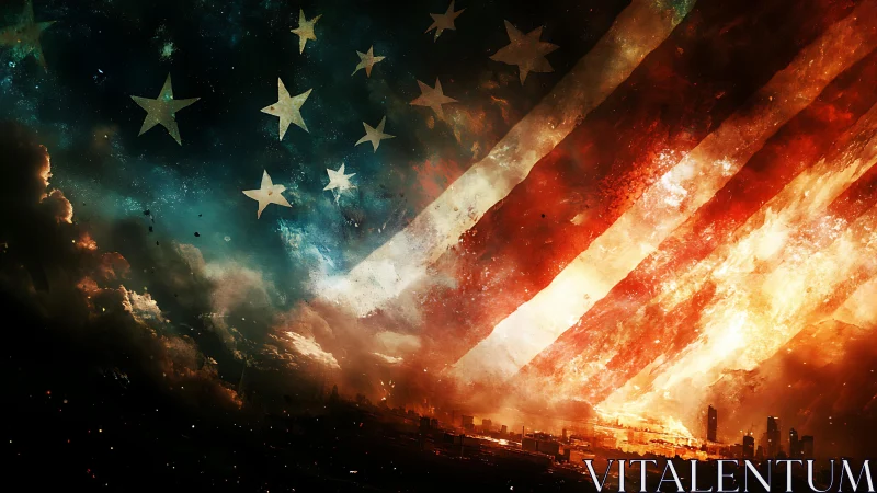 American Flag Engulfed in Cosmic Fire and Destruction.