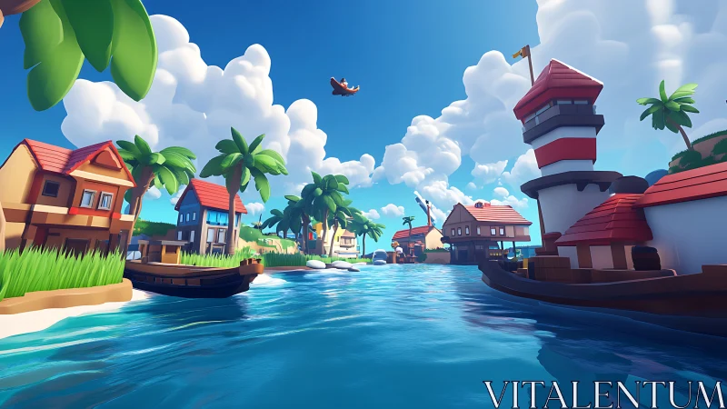 Tropical Seaside Village with Lighthouse and Waterfront.