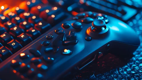 Neon-lit gamepad and keyboard glow in cyber lounge haze.