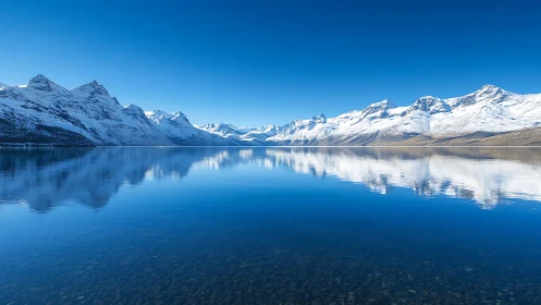 Snowcapped mountain range mirrors across a crystal blue lake