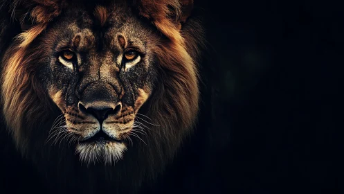 Photorealistic low-key lion portrait with chiaroscuro focus.