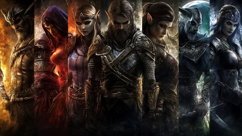 Legendary heroes stand in a fiery, moonlit fantasy lineup.