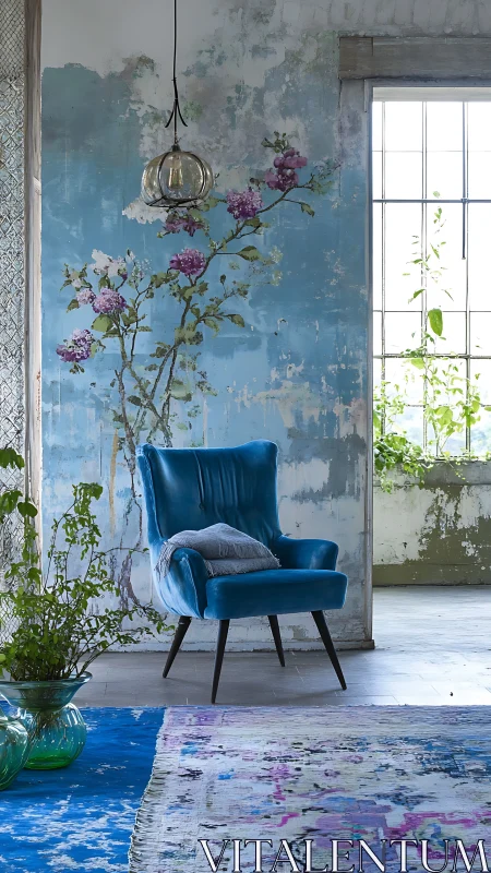 Teal velvet lounge chair in rustic blue floral loft interior.