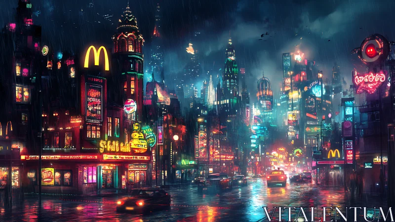 Cyberpunk neon megacity streetscape in dynamic night rainfall.