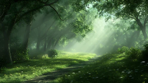 Forest Path with Sunlight Through Canopy