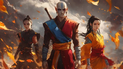 Three robed warriors stand amid swirling leaves and clouds