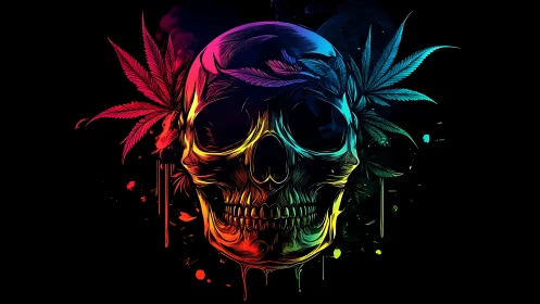 Neon skull with cannabis leaves on black dripping background.