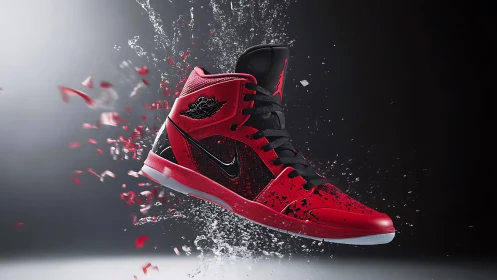 Scarlet sneaker rockets through shards and liquid energy.