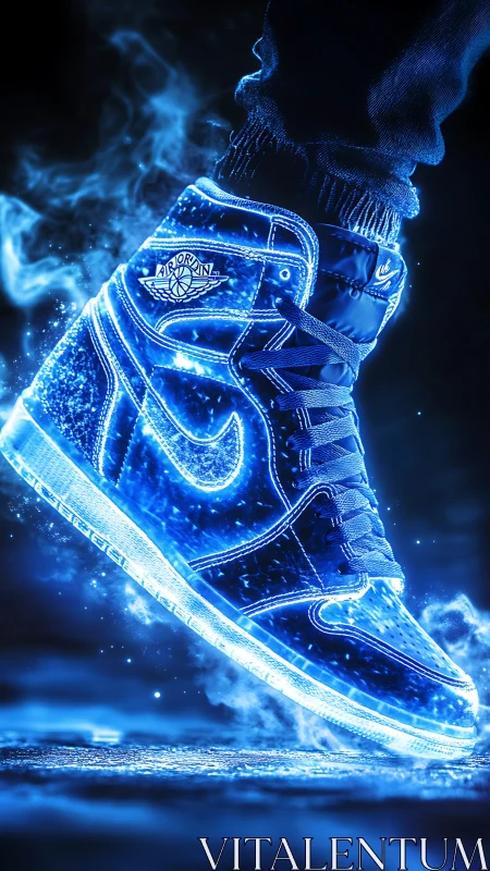 Luminous blue sneaker rendered with neon particle glow lighting.