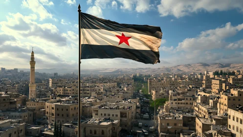 City skyline with star flag waving above dense urban roofs