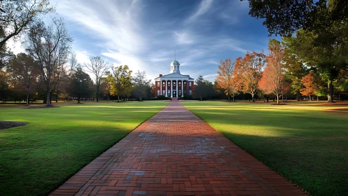 Red-brick campus hall framed by autumn trees at sunrise.