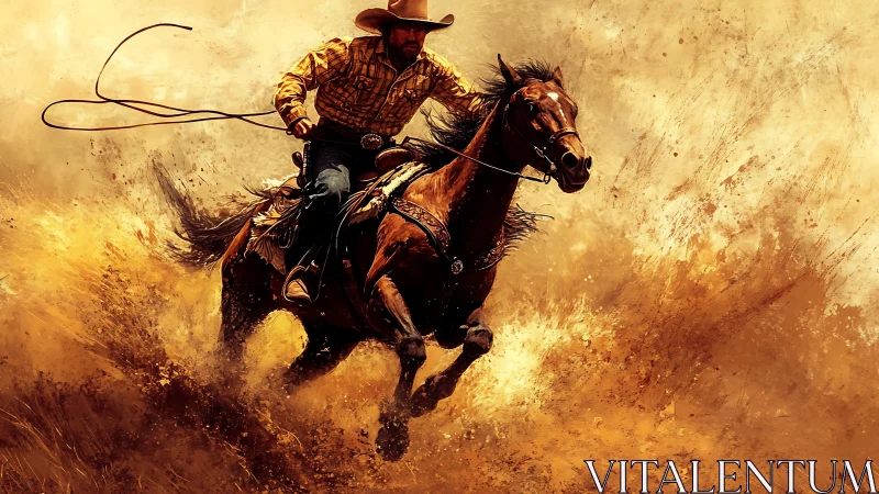 Dynamic cowboy on galloping horse amid high-velocity dust spray