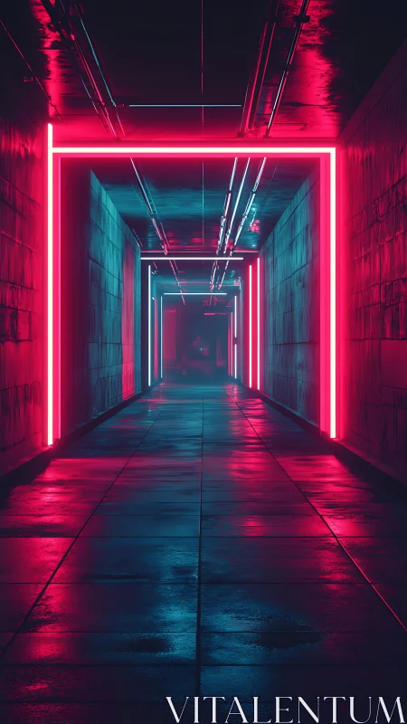 Neon corridor recedes in deep perspective with cyberpunk lighting