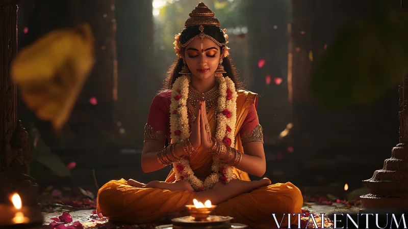 Devotional woman in temple glow holds meditative prayer pose.