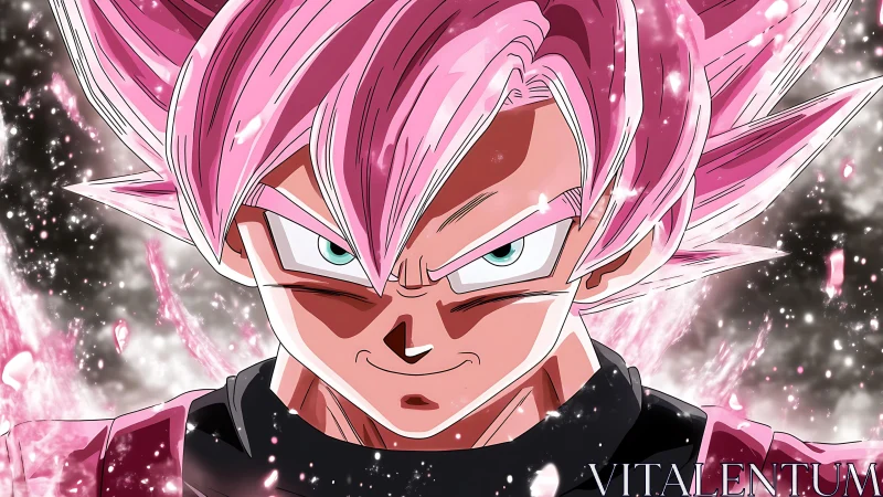 High-intensity pink-haired anime fighter with glowing aura rendered