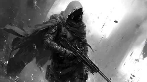 Hooded futuristic sniper advances through collapsing ruins