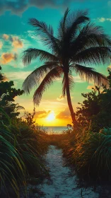 Golden sunset path leads through palms to a tranquil sea
