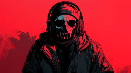 Hooded figure in skull mask and headset on red field.