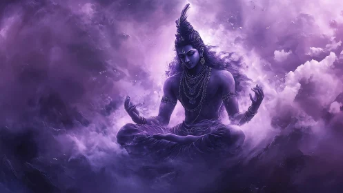 Seated meditative deity figure is centered within violet clouds