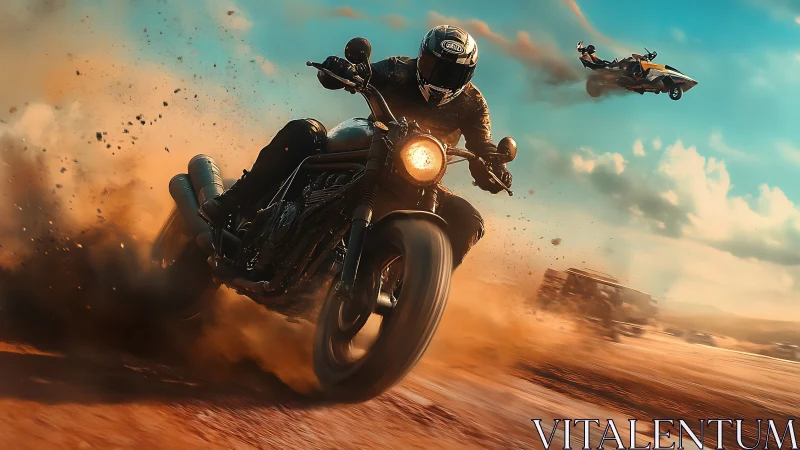 Motorcyclist powers through desert dirt in dynamic chase.