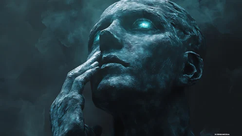 Stone dreamer awakens as turquoise light storms its eyes