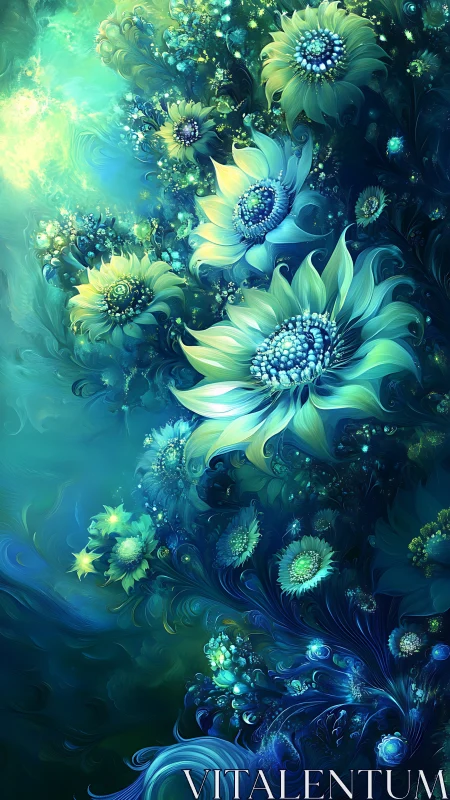 Celestial tide of teal sunflowers in a dreamlit ocean garden.