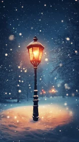 Photorealistic winter lamppost under falling snow at night.