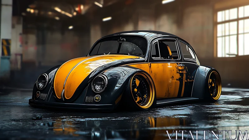 Custom widebody beetle in moody industrial garage render.
