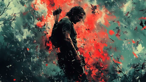 Brooding archer drifts through a storm of ash and embers.