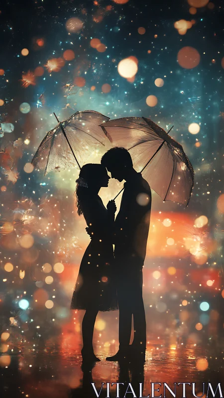 Silhouetted couple under illuminated umbrella amid bokeh lights.