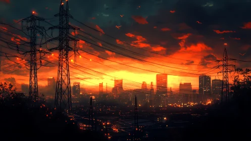 Electric twilight braids a burning sky above restless towers