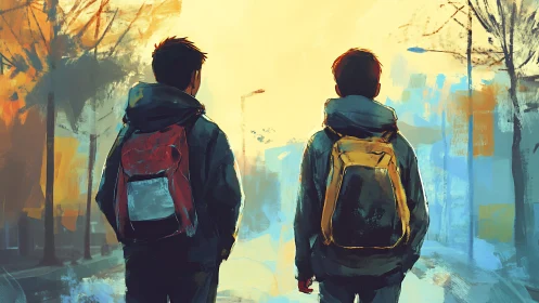 Two backpacked teens walking into glowing city morning.