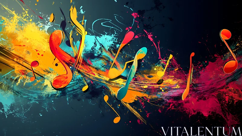 Neon paint-splashed music notes surfing a cosmic soundwave.