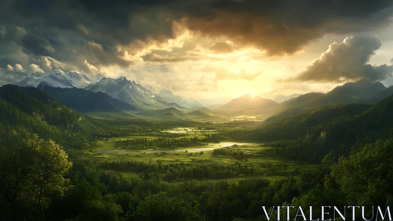Sunlit mountain valley landscape with dramatic storm clouds