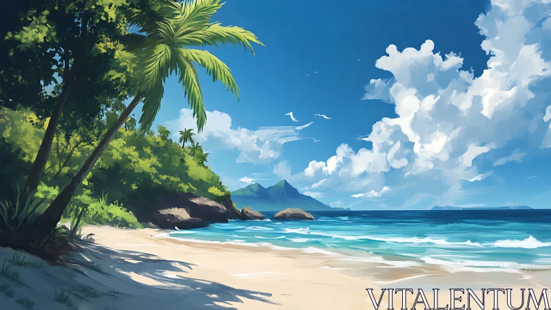 Tropical Coastal Landscape with Volcanic Peaks and Palm Tree Canopy