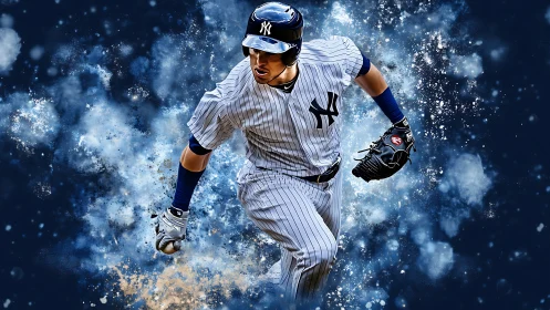 Baseball runner explodes through blue abstract energy field