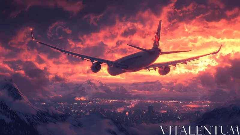 Jetliner over neon city beneath blazing storm sunset sky.