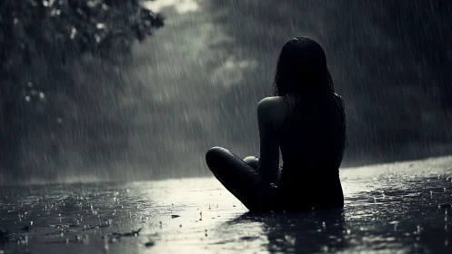 Solitary woman sits in heavy rain, lost in quiet reflection.