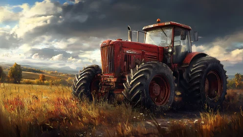 Red tractor in autumn field under heavy clouded sky.