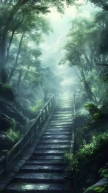 Misty Forest Bridge Path Through Ancient Woods.