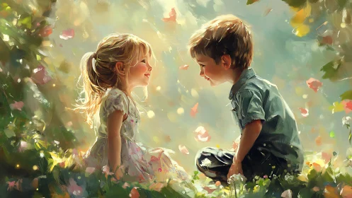 Two Children Share a Magical Moment in a Garden.