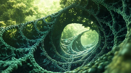 Organic fractal tunnels curve through glowing forest light.