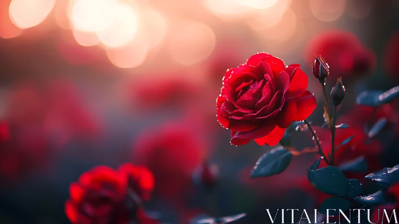 Vibrant Red Roses Glistening with Dewdrops in Golden Light.