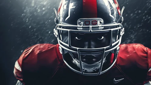 Focused American football player in helmet and pads.