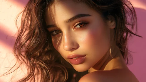 Sunlit gaze ignites soft glamour against rosy pastel walls.