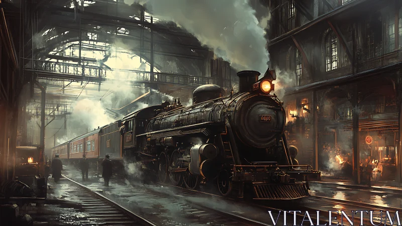 Steam locomotive in dim industrial train station at dusk.