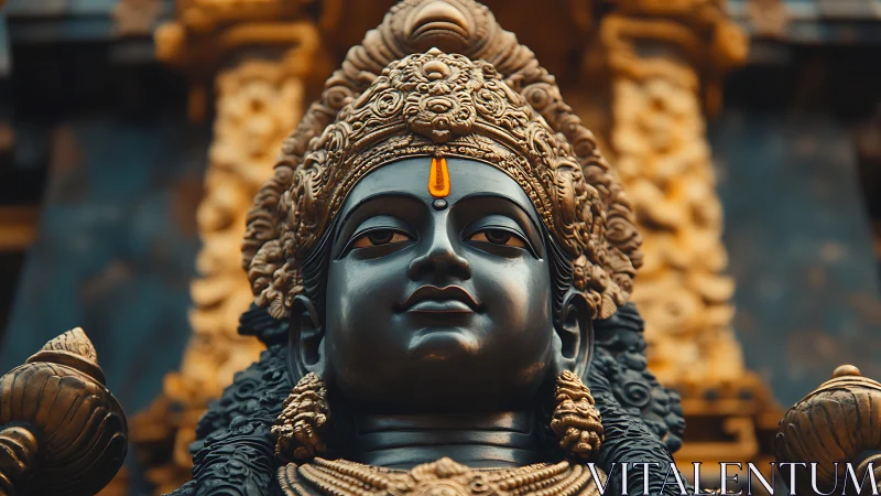 Ornate Hindu deity statue in warm golden temple light