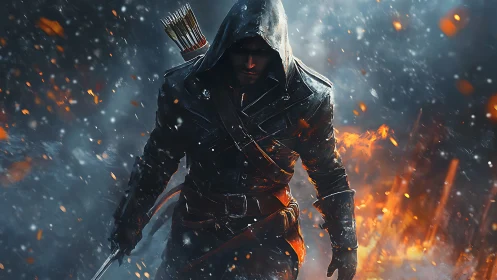 Hooded warrior strides through sparks and swirling snow