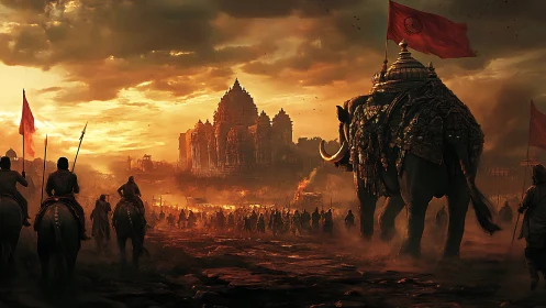 War elephant leads burning temple siege at dusk sky